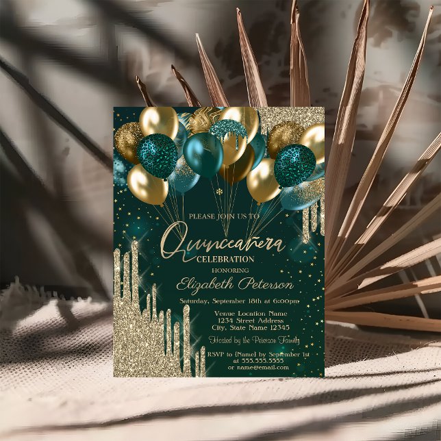Convite Balões Verdes com Efeito de Brilho Dourado Chic e  (Criador carregado)