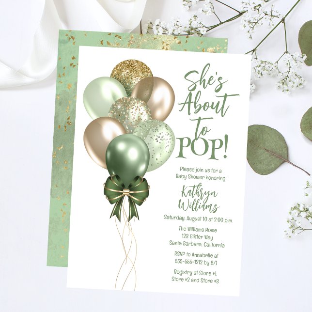 Convite Balões Verdes Ela está prestes a Pop Chá de fralda ("She's Ready to POP!" Green and Gold Translucent Glitter Balloons Baby Shower Invitation.)