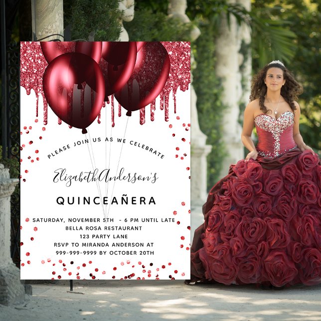 Convite Balões vermelho branco de quinceanera (Criador carregado)