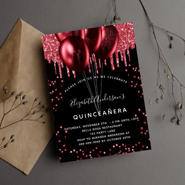 Convite Balões vermelho preto de quinceanera (Criador carregado)