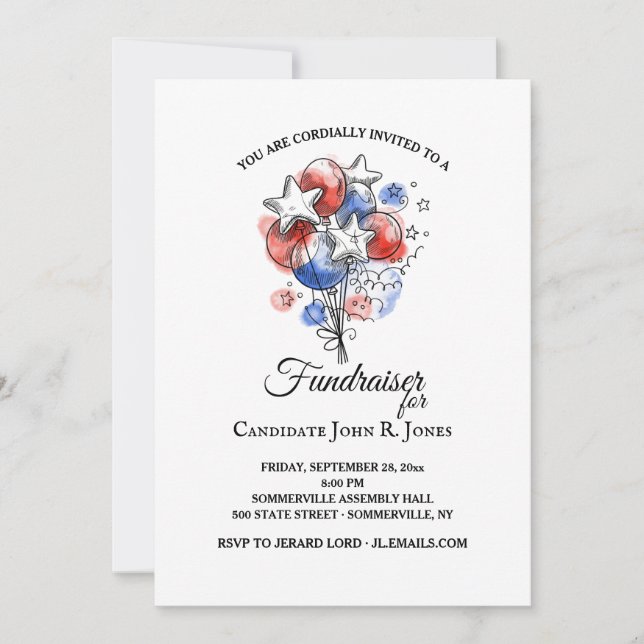 Convite Balões vermelhos, brancos e azuis (Frente)