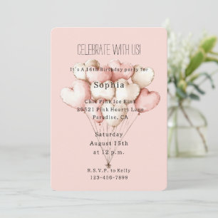 Convite Baloões Corações Rosa Aniversário