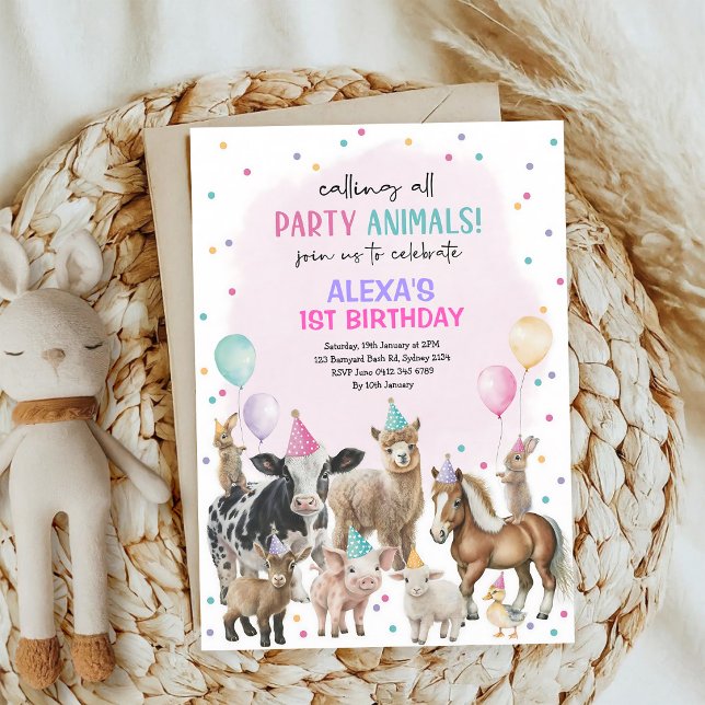 Convite Baloões de Animais da Fazenda Rosa Roxo Aniversári (Criador carregado)
