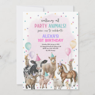 Convite Baloões de Animais da Fazenda Rosa Roxo Aniversári