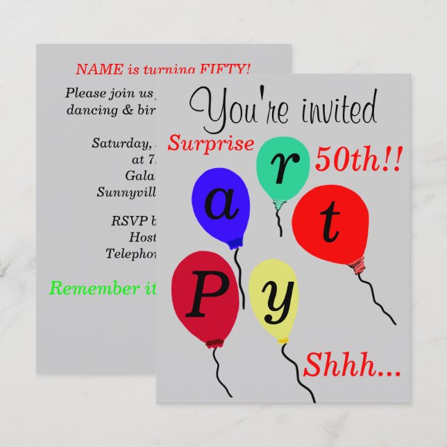 Convite Baloões de Aniversário de 50 anos de Surpresa Prat (Frente/Verso)