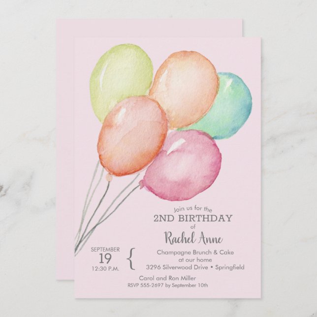Convite Baloões de Aquarela Aniversário de 2 anos da Menin (Frente/Verso)