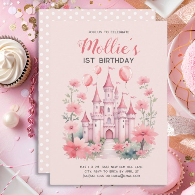 Convite Baloões de Castelo da Princesa Rosa de 1º Aniversá (Cute pink princess castle little girl's 1st birthday party invitation)