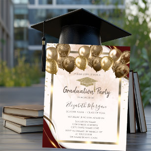 Convite Baloões de Graduação com Borda Burgundy e Boina de