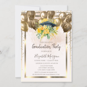 Convite Baloões de Graduação Floral Diamantes Creme Cap