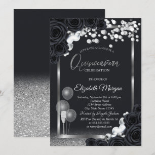 Convite Baloões de Quinceañera de Rosas Pretas Chic Cálice