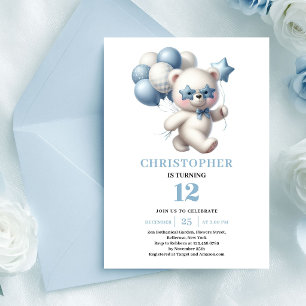 Convite Baloões de urso de pelúcia doce e fresco azul empo