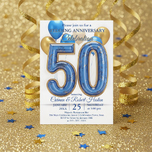 Convite Baloões Glam Blue Gold 50º Aniversário de Casament