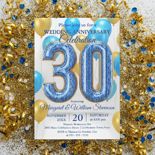 Convite Baloões Glam Blue Gold Aniversário de Casamento 30