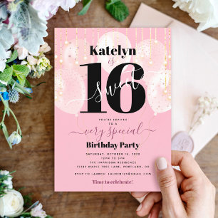 Convite Baloões Rosa Aniversário de 16 anos Dourado Menina