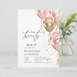 Convite Baloões Rosa e Dourado de Aniversário de 21 Anos M