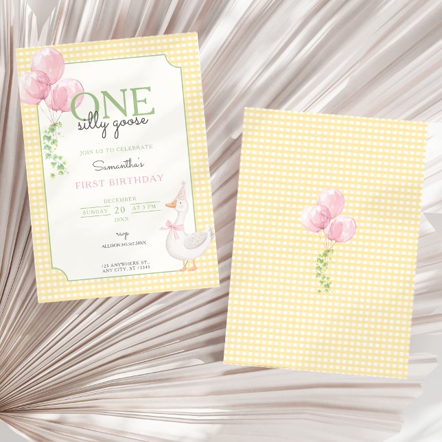 Convite Baloões Rosa Ginga do Patinho 1º Aniversário (One Silly Goose Invitation)