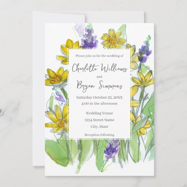 Convite Balsam Lupines Wildflowers Watercolor Wedding (Frente)
