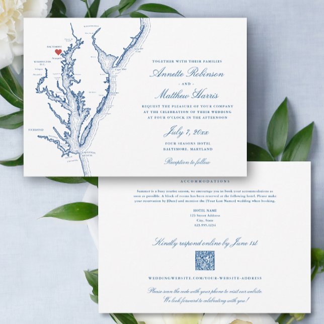 Convite Baltimore Maryland, código QR completo em um RSVP  (Baltimore Maryland Elegant QR Code RSVP all-in-one wedding invitation with elegant navy blue map )
