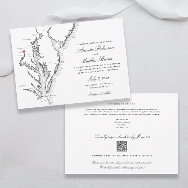 Convite Baltimore Maryland, código QR completo em um RSVP  (Black and White Baltimore Wedding Invitations all-in-one with QR code RSVP and Chesapeake Bay map)
