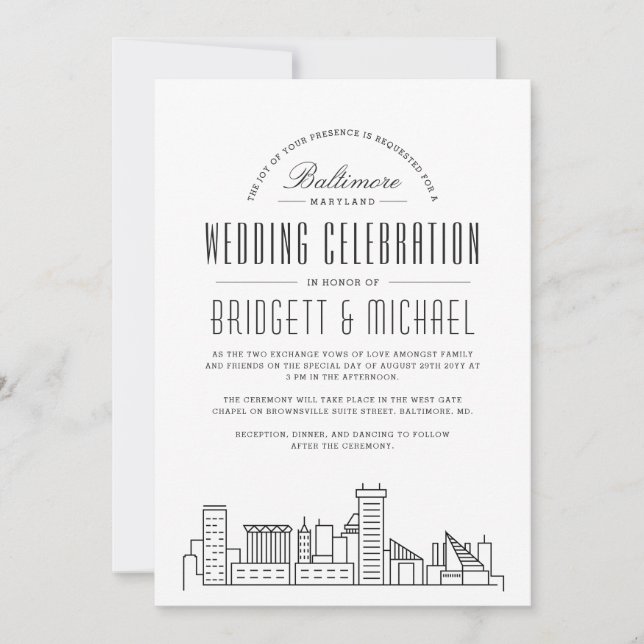 Convite Baltimore Wedding | Skyline Moderno Deco (Frente)