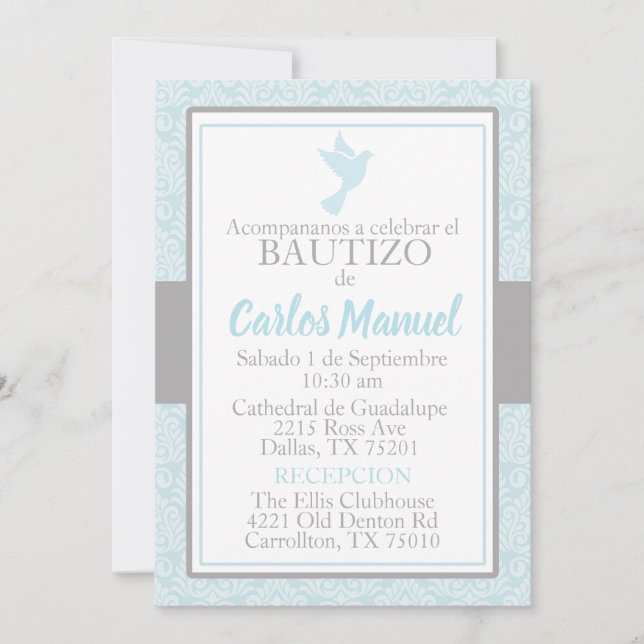 Convite Baltizo - Espanhol Baptism Blue Silver Dove (Frente)