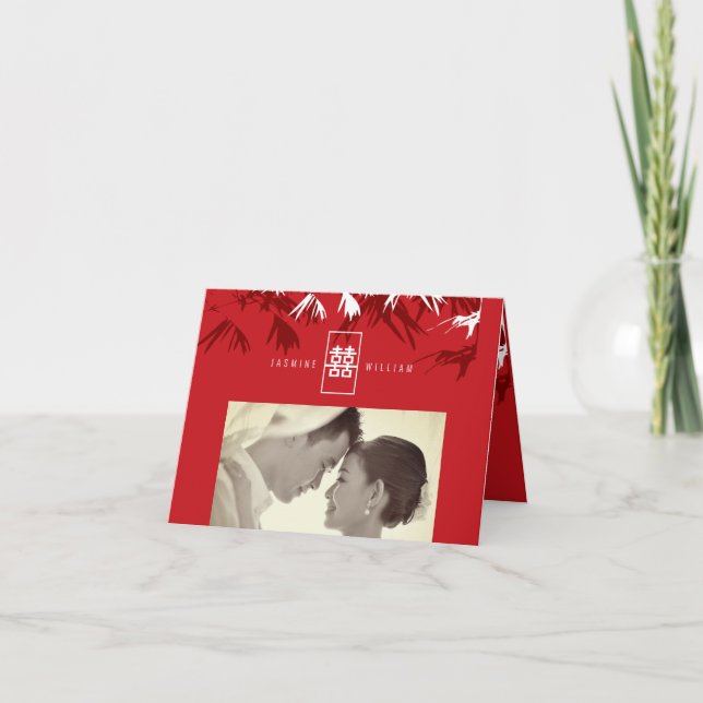 Convite Bamboo Leaves Double Happiness Chinese Wedding (Frente)