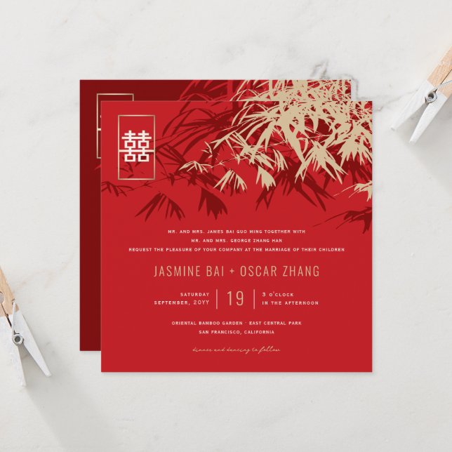 Convite Bambu deixa casamento chinês de felicidade dupla (Frente/Verso In Situ)