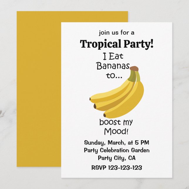Convite Banana Fruit Boost My Mood Funny Tropical Party (Frente/Verso)