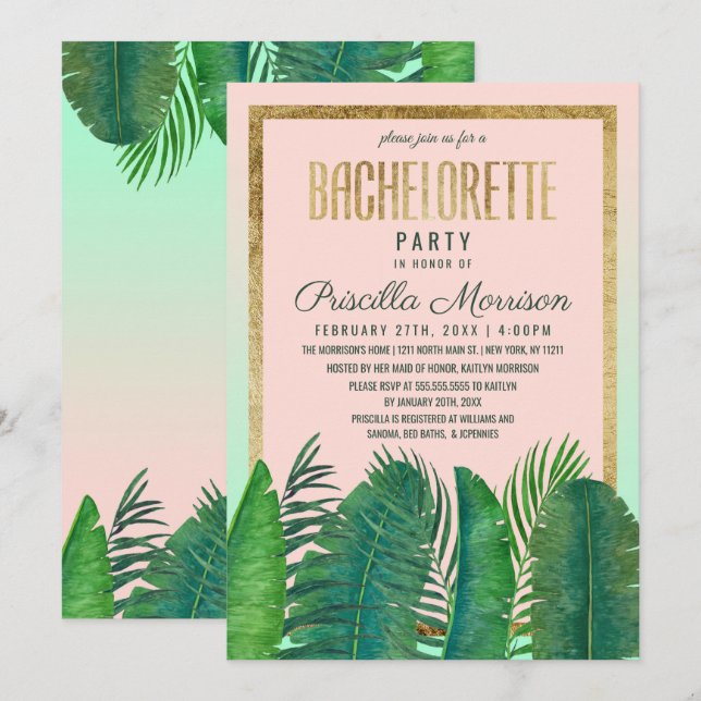 Convite Banana Leaf Dourada Bachelorette de Palma Tropical (Frente/Verso)