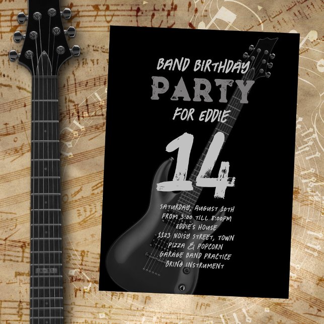 Convite Banda de Guitarra Preta Aniversário Adolescente (Criador carregado)