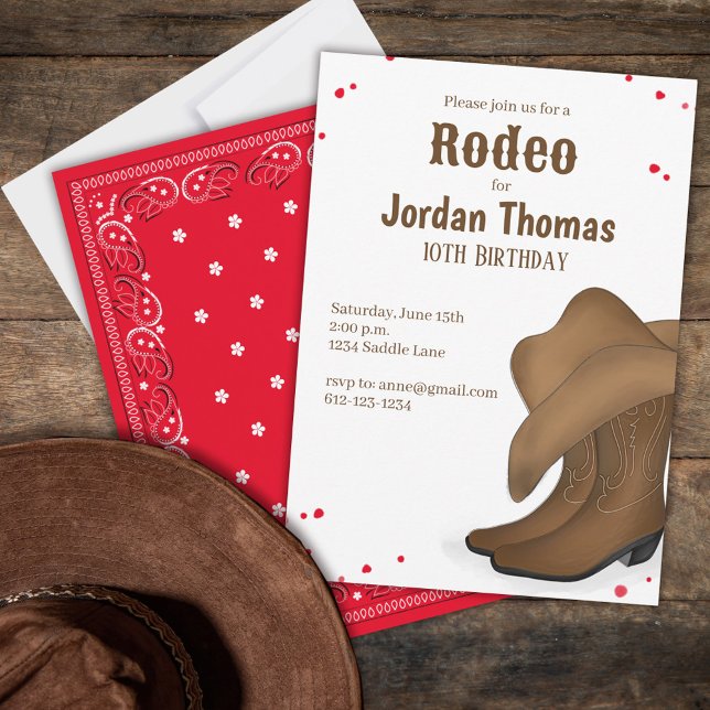 Convite Bandana Vermelha Simples, Rodeio Cowboy Borrão Bas (Birthday party invitation with the whimsical cool western rodeo theme. )