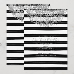 Convite Bandas brancas e pretas e círculos de prata