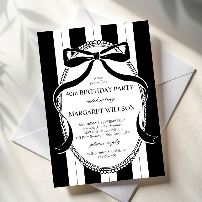 Convite Bandas retrorreflectoras brancas e pretas festa de (Black and white retro stripes bow border elegant adults birthday party invitation cards template)