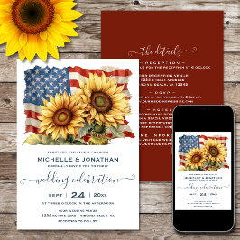 Convite Bandeira Americana e Girassóis Todos em Um Casamen