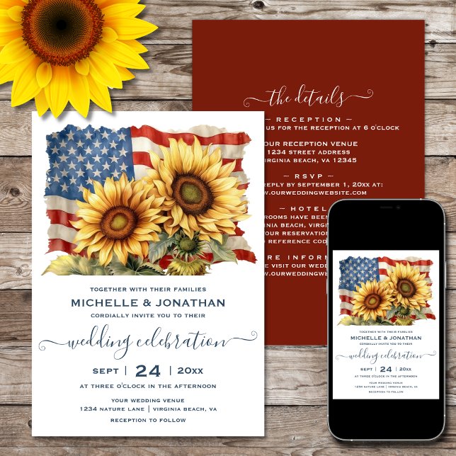 Convite Bandeira Americana e Girassóis Todos em Um Casamen (Printed (Front and Back) and Digital - American Flag and Sunflowers All in One Wedding Invitation)