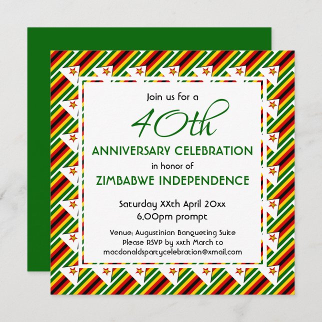 Convite BANDEIRA DO ZIMBABUE Personalizável QUALQUER ANO O (Frente/Verso)