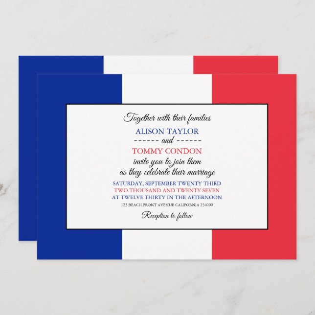 Convite Bandeira francesa, Bandeira da França Casamento (Frente/Verso)