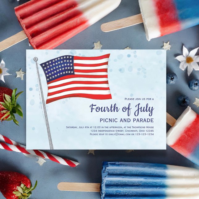 Convite Bandeira Vermelha e Azul, 4 de julho (Celebrate the Fourth of July in Style with this watercolor custom invitation. )