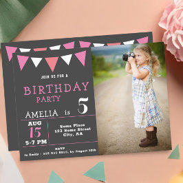 Convite Bandeiras de Bunting Rosa Moderno Foto Aniversário