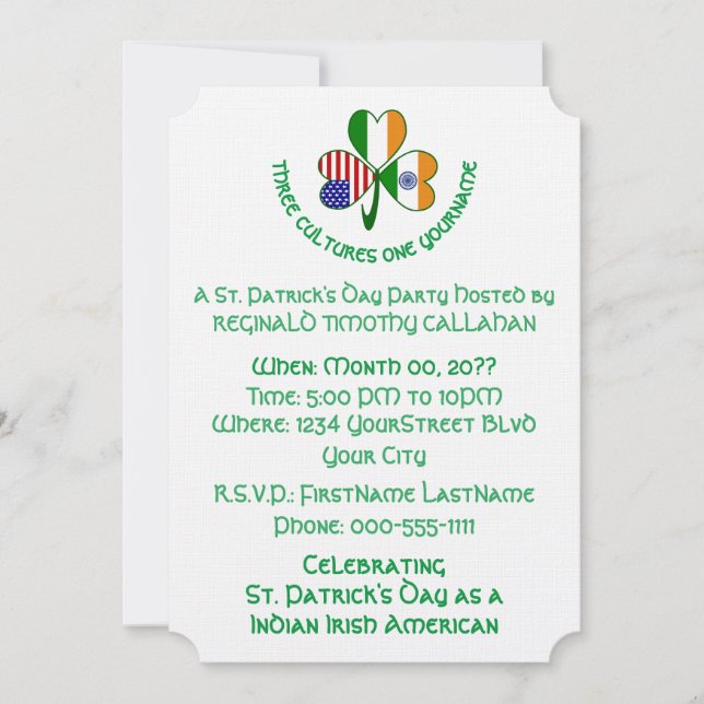 Convite Bandeiras Shamrock Índia Irlanda EUA (Frente)
