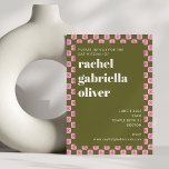 Convite Bandeja Verde Rosa-Cor-de-Checkboard Retro-Floral<br><div class="desc">Convite para Borda Floral Retroativa,  Rosa e Bat Verde,  Mitzvah</div>