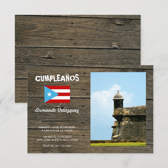 Convite Bandera Celeste Puerto Rico Cumpleanos Invitacion (Frente/Verso)