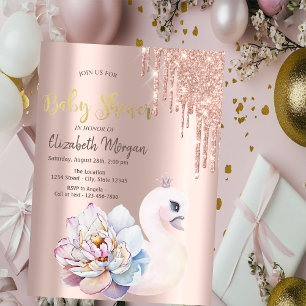 Convite Banha de Bebê Cisne Drips Glitter Rosa Dourado Chá