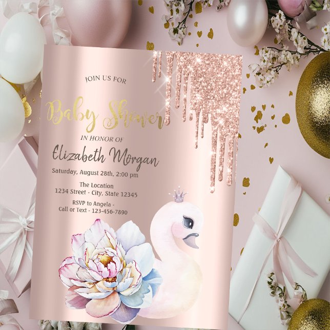Convite Banha de Bebê Cisne Drips Glitter Rosa Dourado Chá (Criador carregado)