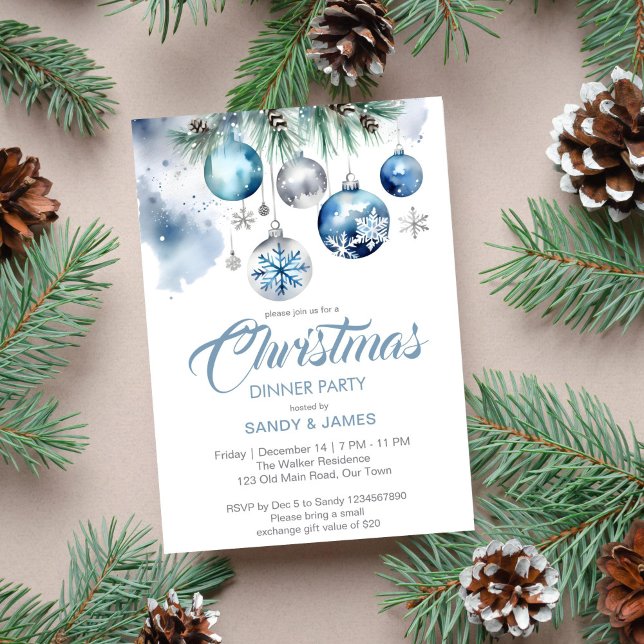 Convite Banheiras azuis prateadas do janto de Natal (Christmas dinner elegant silver blue baubles snowflakes dinner party invitation template digital)