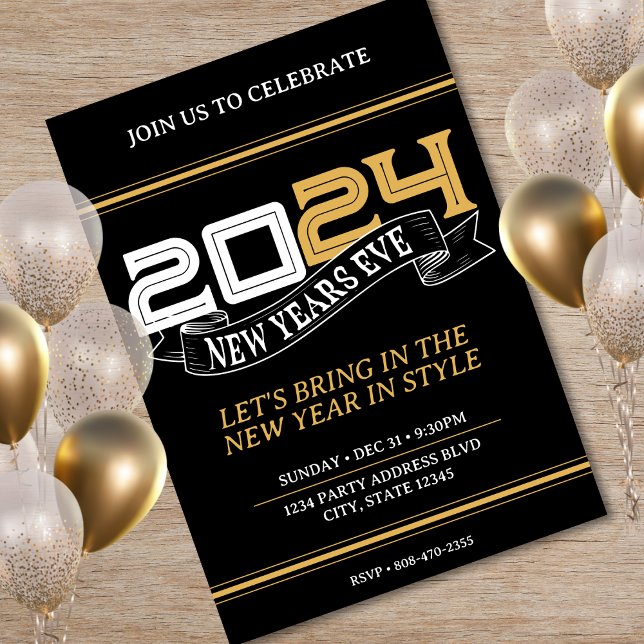Convite Banner de Partido da Véspera de ano novo Preta e D (Black & Gold New Years Eve Party Banner 2024 Invitation)