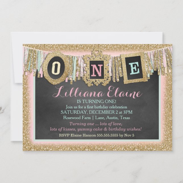 Convite Banner do Primeiro Aniversário da Glitter Dourada (Frente)