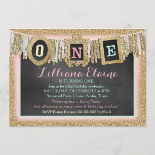 Convite Banner do Primeiro Aniversário da Glitter Dourada