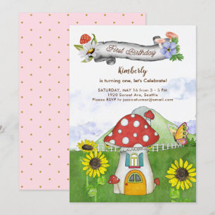 Convite Banner Floral Whimsical Mushroom Primeiro Aniversá