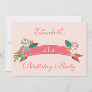 Convite Banner Rosa das Flores de aniversário de 21 anos
